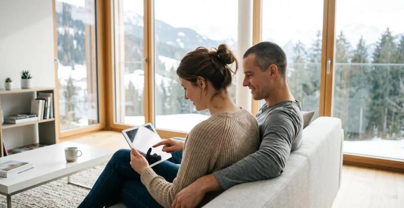 Couple vu de dos assis côte à côte consultant ensemble une tablette dans un salon contemporain lumineux avec baie vitrée