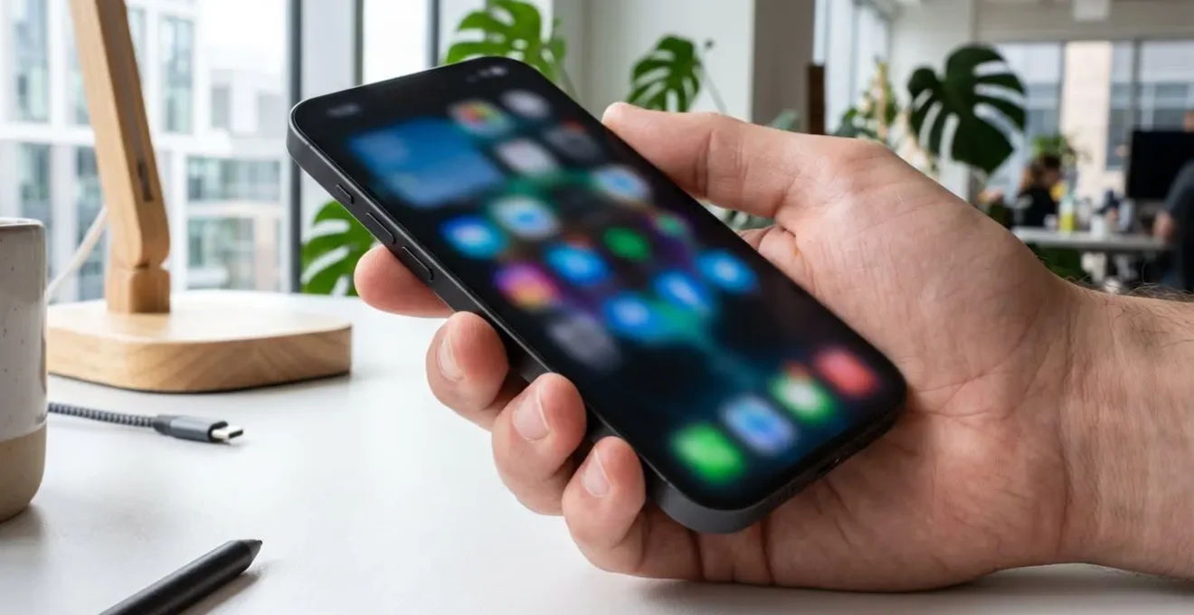 Gros plan sur une main tenant un smartphone moderne avec écran totalement flouté montrant des graphiques abstraits