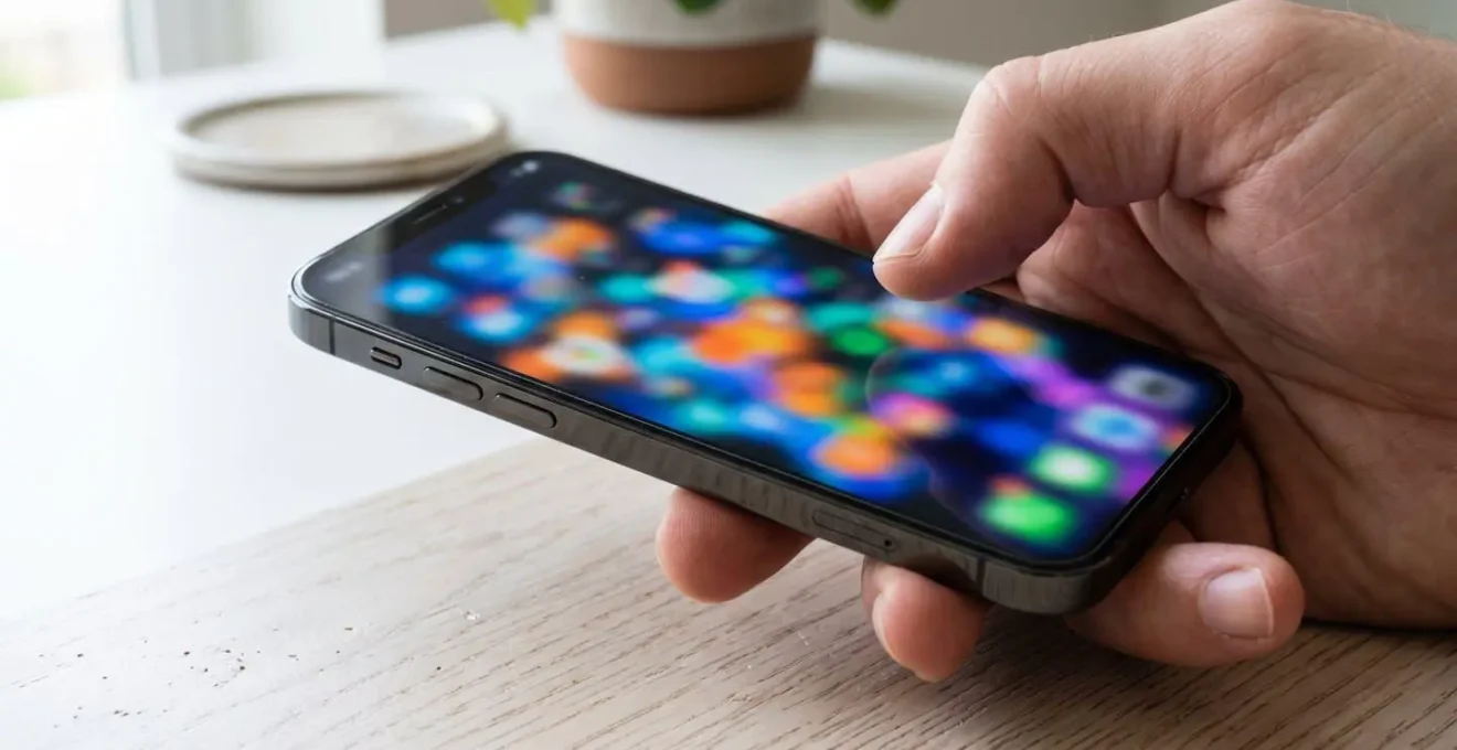 Gros plan sur une main tenant un smartphone moderne avec écran totalement flouté montrant des graphiques abstraits