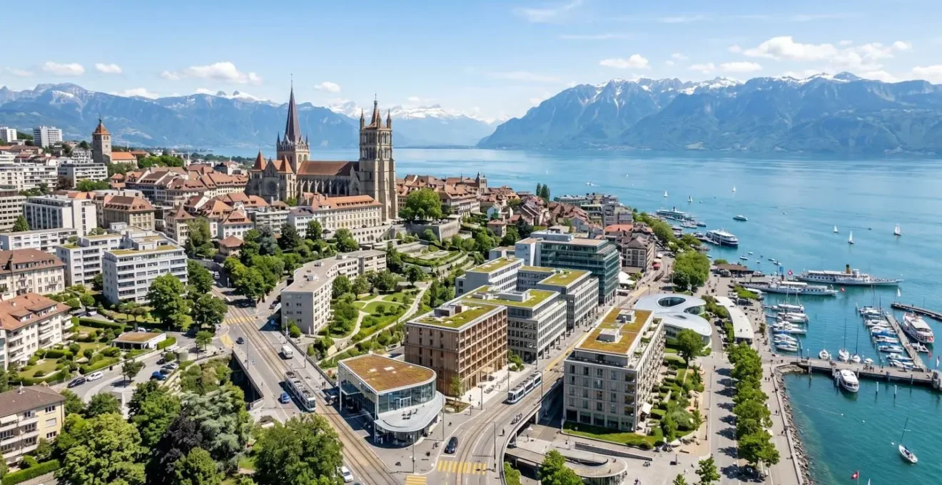 Vue panoramique de Lausanne avec la cathédrale et le lac Léman sous un ciel clair de printemps