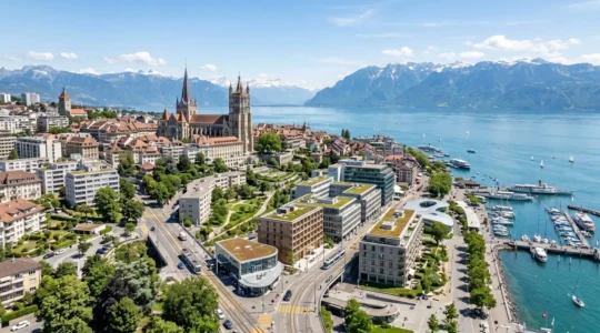 Vue panoramique de Lausanne avec la cathédrale et le lac Léman sous un ciel clair de printemps