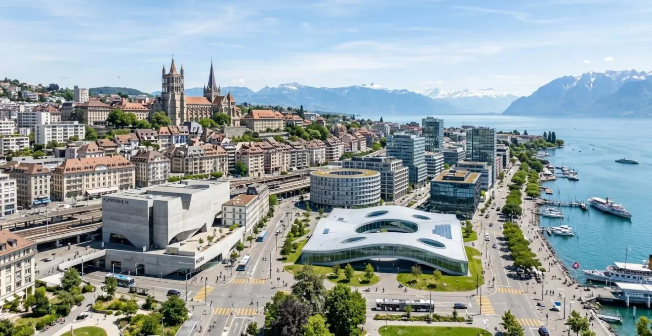 Vue panoramique de Lausanne avec la cathédrale et le lac Léman sous un ciel clair de printemps