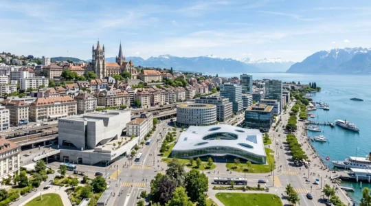 Vue panoramique de Lausanne avec la cathédrale et le lac Léman sous un ciel clair de printemps